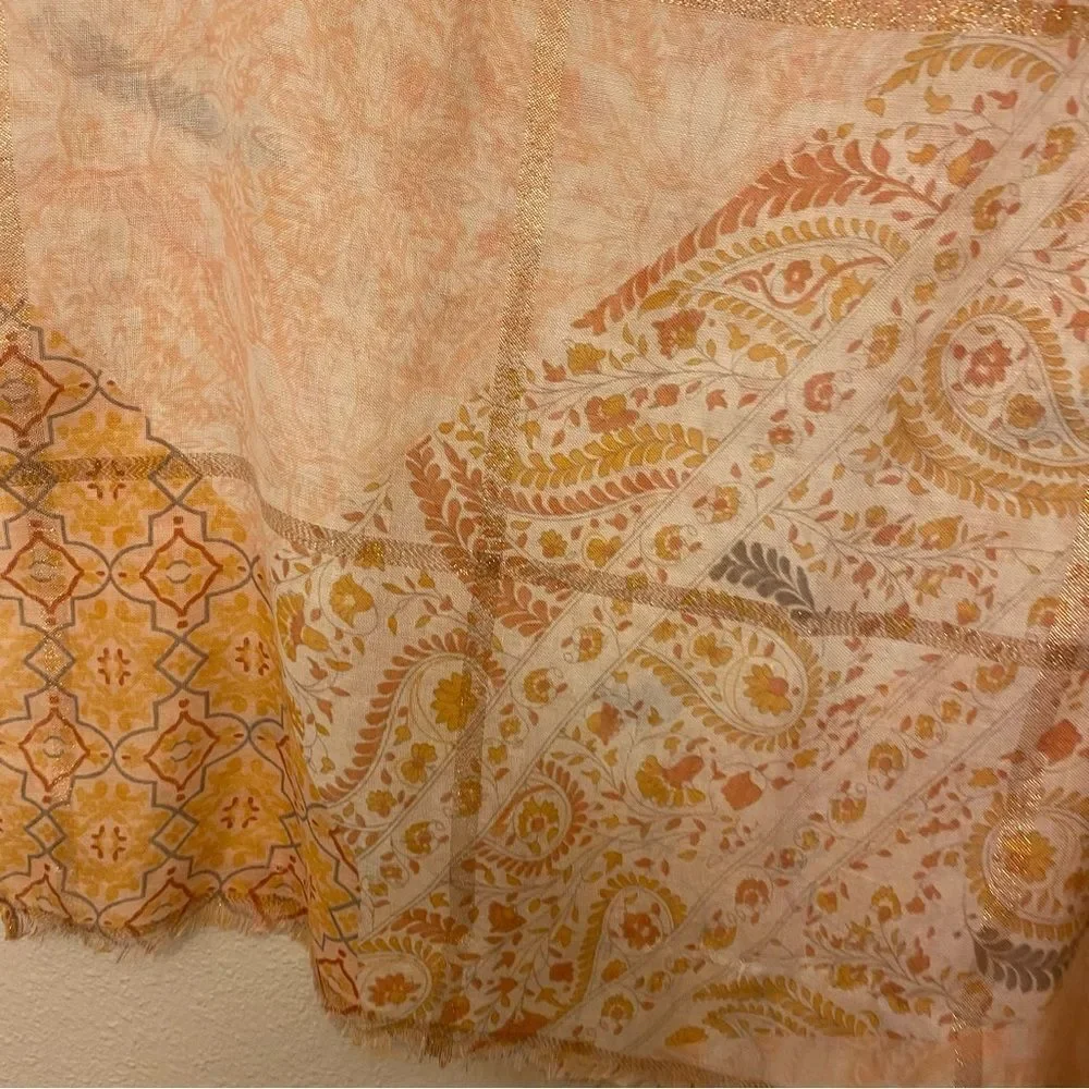 Peach metallic thread paisley print lightweight semi sheer scarf wrap 27x72
